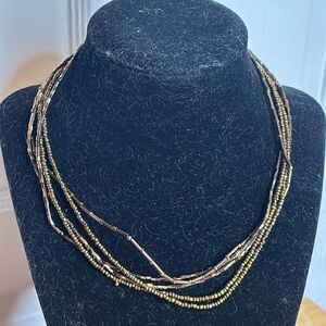 Multi strand small gold tone seed bead collar fashion necklace 16-19”